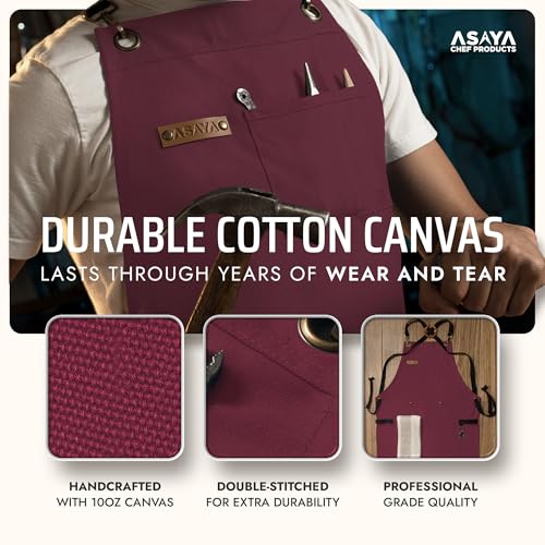 Asaya Chef and BBQ Apron with Bottle Opener and Hand Towel - 10oz Cotton Canvas, Stainless Steel Hardware - Cross Back Straps - color: Red