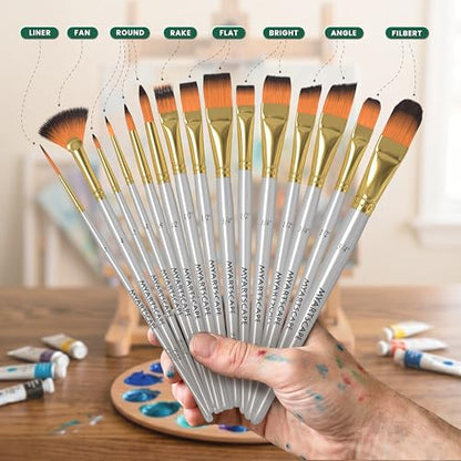 MyArtscape Paint Brush Set - 15 Short Handle Art Brushes for Gouache, Watercolor, Acrylic and Oil Painting - Premium Taklon Brushes - Fan, Filbert, Flat, Round, Shader, Angle and Bright