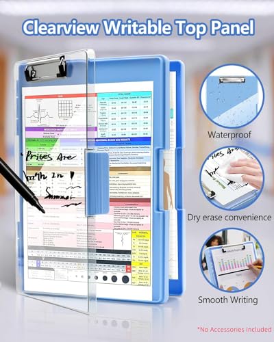 Clearview Clipboard with 2 Storage, Dry Erase 8.5x11 Heavy Duty ClipBoards - High Capacity Coaches Clip Board with Pen Holder - Side Opening Plastic Nursing Clip Case - Aqua Blue - color: Aqua Blue