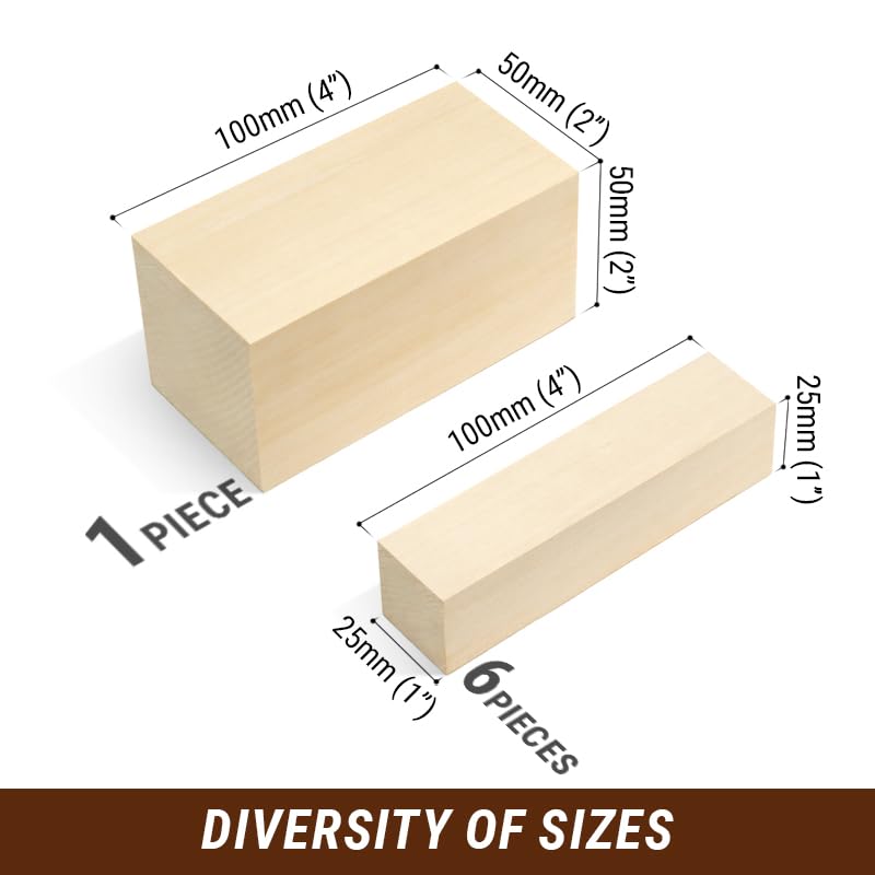 BeaverCraft Basswood Carving Blocks 7PCS Whittling Wood Kit - Soft Wood Block for Crafts, Basswood for Carving, Unfinished Wooden Blank Set BW7
