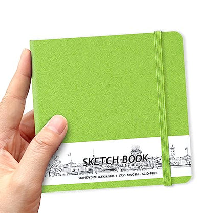 5" x 5" Hardcover Sketch Book,Small Mixed Media Sketch Pad,58 Sheets 150GSM Acid-Free Artist Drawing Paper,Travel Journal Blank Notebook for Painting,Illustration,Art Supplies.Hami Melon Green - color: 150gsm PU-hami melon green
