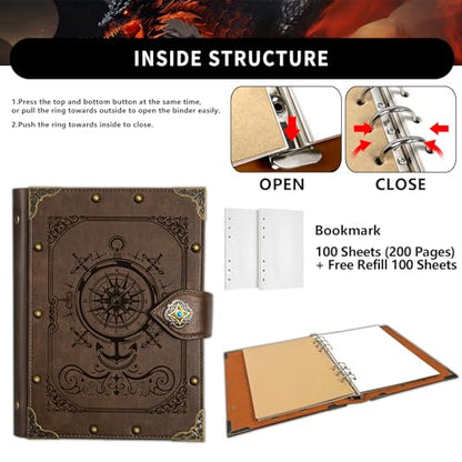 DUROTAN Compass Journal Notebook,Unique A5 Binder 400 Page | For Travel Diary Writing Journal Notebook for Men Women Dnd Gift with Blank Pages - color: 9-GrayBrown-Compass