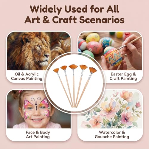 5 Pcs Fan Brush for Painting, Artist Fan Paint Brushes Set Anti-Shedding Acrylic Paint Brushes Long Wood Handle Painting Brush for Acrylic Oil Watercolor Gouche