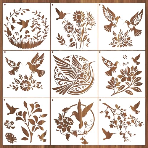 AFRITEE Hummingbird Stencils for Painting Reusable - 9 Pcs Cardinal Bird Reusable Craft Template on Wood for Home Decor, Floral Painting Stencil DIY Home Wall Floor Holiday Decorations - style: Hummingbird