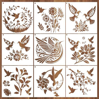 AFRITEE Hummingbird Stencils for Painting Reusable - 9 Pcs Cardinal Bird Reusable Craft Template on Wood for Home Decor, Floral Painting Stencil DIY Home Wall Floor Holiday Decorations - style: Hummingbird