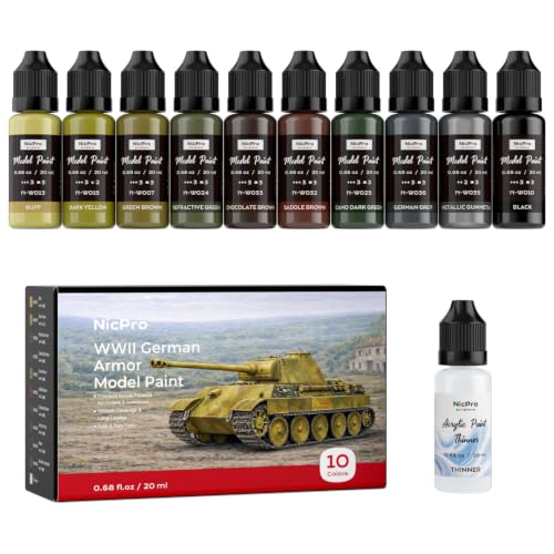 Nicpro 10 Colors WWII German Armor Model Paint Set, 20ml Ready to Use Modeling Acrylic Paints, Brush & Airbrush, Miniature Paint Set for Tank, Vehicles, Crews, Weapon, Terrain & Dioramas, with Thinner - style: WWII German Armor