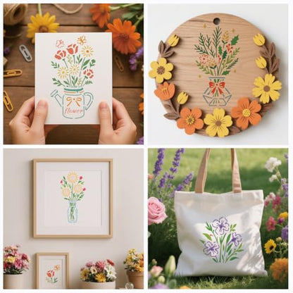 12 Sheets Vase Bouquet Painting Stencils, 12 Styles Roses Sunflowers Tulips Drawing Templates Wildflower Reusable PET Art Stencils for Painting on Wall Wood Home Decor - style: Vase Bouquet