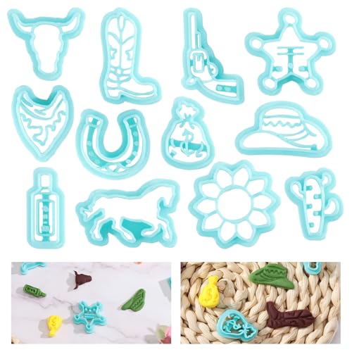 ORIGACH 12 Pcs Western Cowboy Clay Cutters, West Cowboy Polymer Clay Cutter for Earring Making Cowboy Hats Clothes Boots Revolvers Clay Cutters for Jewelry Making - style: Western Cowboy