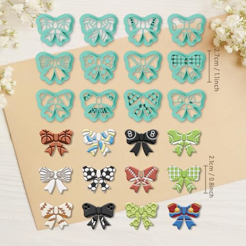ORIGACH 12 Pcs Bow Shape Polymer Clay Cutters, Bow with Sports Ball Pattern Design Clay Cutters for Polymer Clay Jewelry Earrings with a Clear Storage Box - style: Bow with Sports Ball