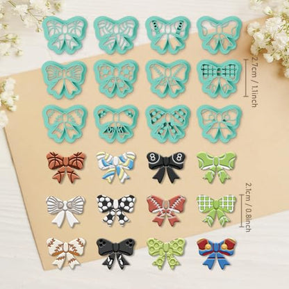 ORIGACH 12 Pcs Bow Shape Polymer Clay Cutters, Bow with Sports Ball Pattern Design Clay Cutters for Polymer Clay Jewelry Earrings with a Clear Storage Box - style: Bow with Sports Ball
