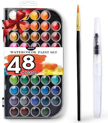 AROIC 48 Colors Watercolor Paint,Washable WaterColor Paint Set with a Refillable Water Brush Pen Travel Art Kit for Beginners & Artists Birthday Gift for Art Lovers 12 years old+ - color: 48 watercolor+ 2 brush
