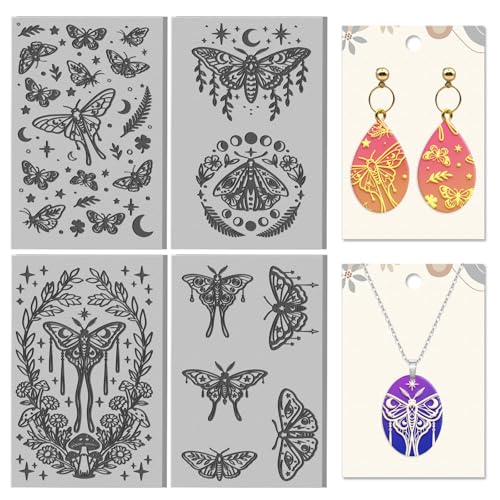 4 Sheets Moth Clay Texture Mat Plants Pattern Polymer Clay Texture Sheets DIY Tools for Pottery Earring Jewelry Making Stamp Engraving Machines, 4x2.6inch - style: Moth