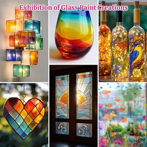 HOMY ARTY Glass Paint 20 Colors (1 fl oz Each) with 3 Brushes, Permanent No-Bake Acrylic Enamel Paint, Waterproof Stained Glass Paints, for Glass Painting, Ceramics, Light Bulbs and Windows