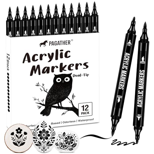 Pagather Black Acrylic Paint Markers, 12 Pack Dual Tip with Fine Tip and Brush Tip Pens for Fabric, Stone, Wood, Canvas, Ceramic, Metal, Glass, Rock Painting, DIY Crafts - color: 12 Black