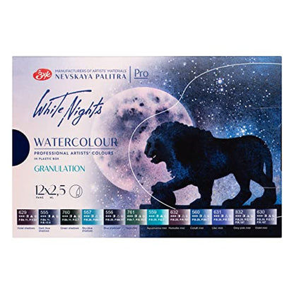 White Nights Granulating Watercolor Set 12 Full Pans of Professional Artist Grade Paints Vibrant Lightfast Colors Portable Durable Box by Nevskaya Palitra