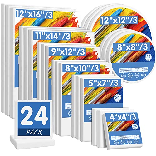 FIXSMITH 24 Pack Stretched Canvases, Multi Pack - 4x4, 5x7, 8x10, 9x12, 11x14, 12x16, Round Canvas 12x12, 8x8 (3 of Each), 100% Cotton, Primed Canvases for Acrylic, Oil, Wet or Dry Art Media… - size: Multipack-24 PK