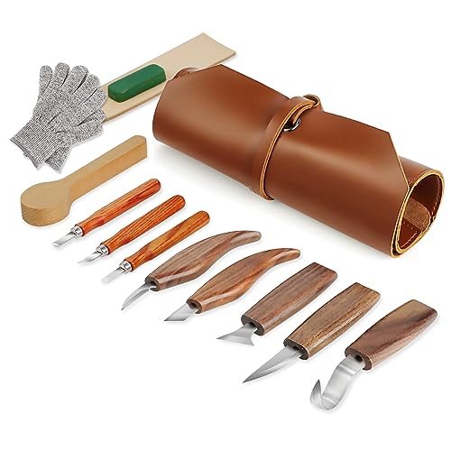 Wood Carving Tools Whittling Kit- Woodworking Large Whittling Kit, Deluxe Spoon Carving Knife Kits for Beginners, 13 Knives Set with Leather Case - color: Dark Brown