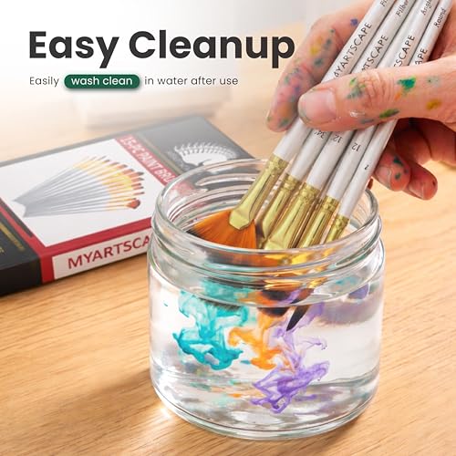 MyArtscape Paint Brush Set - 15 Short Handle Art Brushes for Gouache, Watercolor, Acrylic and Oil Painting - Premium Taklon Brushes - Fan, Filbert, Flat, Round, Shader, Angle and Bright