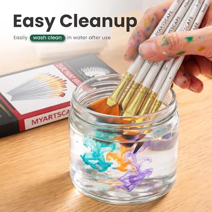 MyArtscape Paint Brush Set - 15 Short Handle Art Brushes for Gouache, Watercolor, Acrylic and Oil Painting - Premium Taklon Brushes - Fan, Filbert, Flat, Round, Shader, Angle and Bright