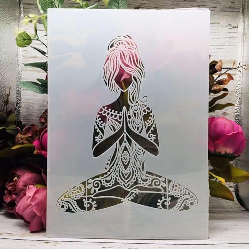 TIAMECH A4 Reusable Yoga Girl Stencil for Painting | Mandala Praying Girl Layering Template, DIY Wall Art, Wood Furniture, Scrapbook & Crafts (8.3x11.7inch) - style: Yoga Girl