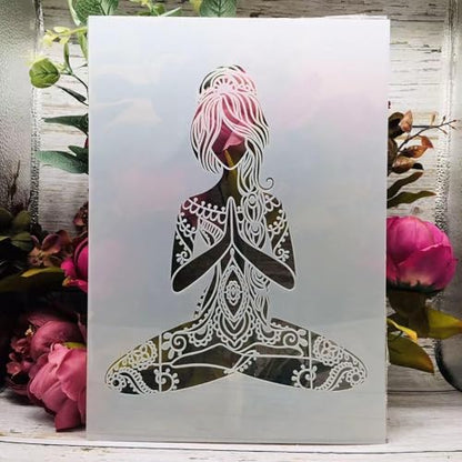 TIAMECH A4 Reusable Yoga Girl Stencil for Painting | Mandala Praying Girl Layering Template, DIY Wall Art, Wood Furniture, Scrapbook & Crafts (8.3x11.7inch) - style: Yoga Girl
