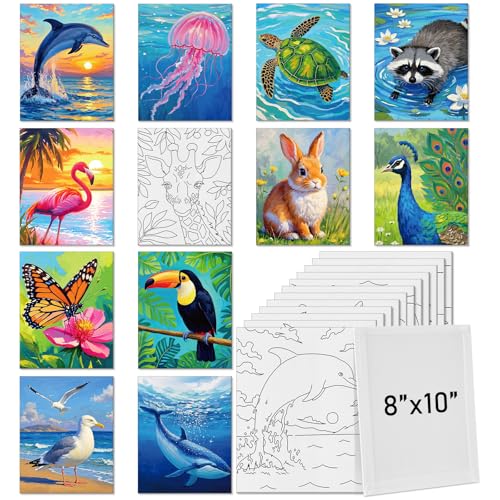 Tinlade 12 Pcs 7.9 x 9.8 Inch Pre Drawn Canvases for Painting Pre Stretched Canvas DIY Coloring Outline Painting Boards for Beginners Adults (Animal Style) - size: Animal Style