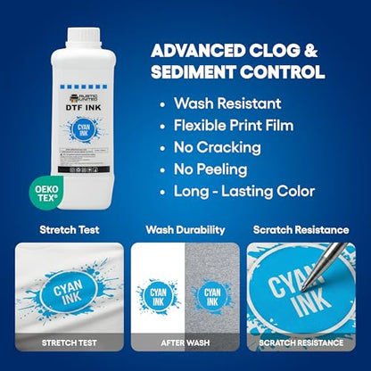 Premium Cyan DTF Ink Refill 1L / 34oz for Heat Transfer Printing, Compatible with Epson ET-8550, L1800, XP-15000, R1390, R2400, I3200, L800, P400, P800 Printers - color: Cyan, size: 1000ml