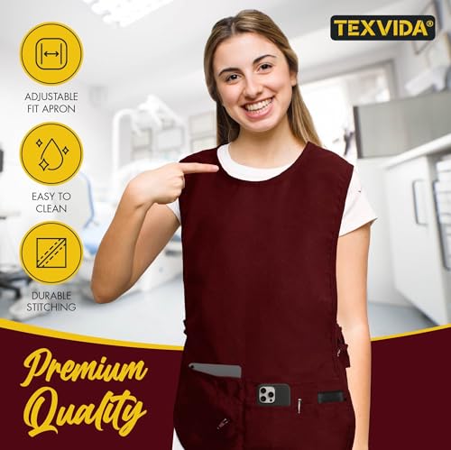 5 Pockets Cobbler Aprons for Women Men (Pack of 2) – Zipper Pocket Smock Apron - color: Burgundy, size: Standard