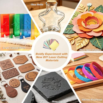 Ecoofor 148 PCS Laser Engraving Materials Kit, Mixed Laser Engraving Blanks Sample Pack with Acrylic, Metal, Wood, Leather, Glass, Rubber & Fabric for Laser Engraver Cutter Testing