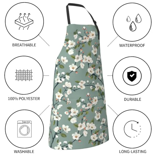 Cream Pastel Wildflower Art Waterproof Apron with Pockets | Garden Aprons for Men Women Adjustable Bib Apron for Cooking Kitchen Baking BBQ Painting Housework Oil Resistant - color: Sage White Blossom