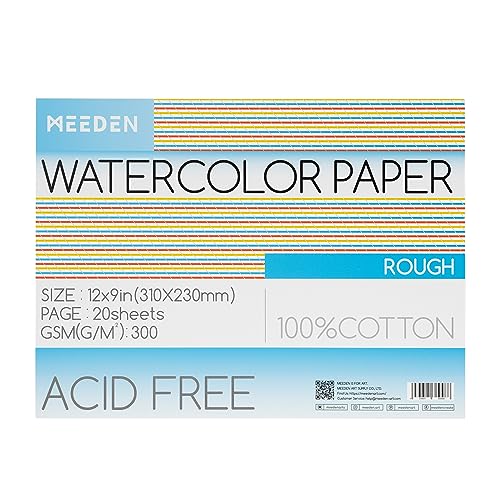 MEEDEN Watercolor Paper Block, 100% Cotton Watercolor Paper Pad of 20 Sheets, 140lb/300gsm, Acid-Free Art Paper for Watercolor, Gouache, Ink and More, 9" x 12" Rough Grain - color: Rough Grain, size: 9×12"