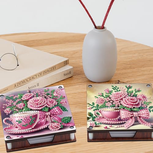JISHSHAY 2 PCS Diamond Art Note Box Flower Diamond Painting Note Pad Holder Tea Cup Gem Painting Gem Art Memo Boxes Mosaic Kits for Adults Embroidery Kit Memo Pad Holder, Contains 120 Sheets of Paper - color: Flower 1