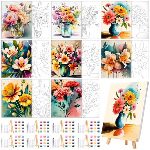 Humyoun 8 Sets 8" x 10" Flower Pre Drawn Canvas to Paint for Sip and Paint Party Floral Predrawn Coloring Set Pre Sketched Canvas Boards with Paints and Brushes for Adult - style: Flower