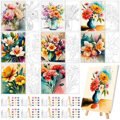 Humyoun 8 Sets 8" x 10" Flower Pre Drawn Canvas to Paint for Sip and Paint Party Floral Predrawn Coloring Set Pre Sketched Canvas Boards with Paints and Brushes for Adult - style: Flower
