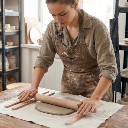 IMengjbang 12 Pcs Pottery Tools Set, Wooden Clay Rolling Pin with 5 Size Thickness Guides, Linen Tablecloth for Ceramic Pottery Making, Clay Roller for Crafts