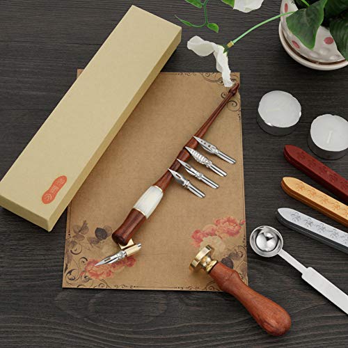 Yoption Wood Calligraphy Oblique Dip Pen Holder Set, Removable Nib Pen Handle Stand with 5 Flat Nibs Kit - color: Dip Pen+5pcs Nibs