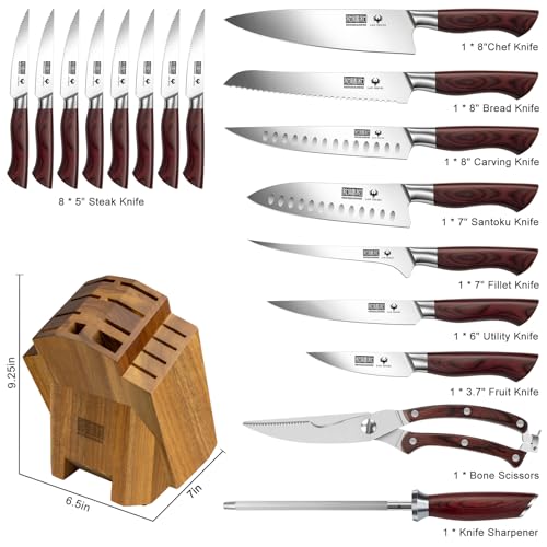 HOSHANHO Kitchen Knife Set with Block 18-Piece, Super Sharp High Carbon Stainless Steel Chef Knife Set, Professional Cutlery Knife Set with Sharpener - size: 18 Pieces Knife Set