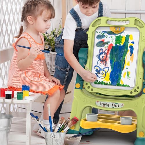 Kids Art Easel, Adjustable Drawing White Board & Chalk Board, Toddler Double Sided Easel with Painting Accessories, Birthday Gift for Girls Boy Age 3 4 5 (Green) - color: Green