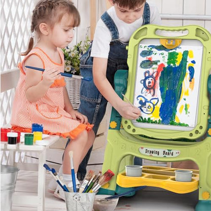 Kids Art Easel, Adjustable Drawing White Board & Chalk Board, Toddler Double Sided Easel with Painting Accessories, Birthday Gift for Girls Boy Age 3 4 5 (Green) - color: Green