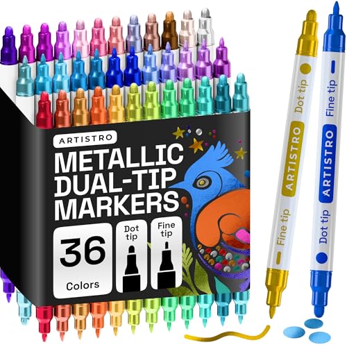 ARTISTRO 36 Metallic Dual-Tip Acrylic Paint Markers – Paint Pens Set with Dot & Fine Tips for Fabric, Rock, Glass, Wood, Coloring Books – Arts & Crafts Gift – Classroom Must Haves & School Supplies - style: Metallic