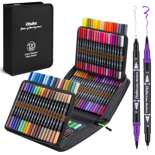 Ohuhu Markers for Adult Coloring Books: 120 Colors Brush Pens Dual Brush Fine Tip Drawing Pens Water-Based Coloring Markers for Calligraphy Bullet Journal with Carrying Case - Maui - Black - color: Black Pen, size: 1 Count (Pack of 120)