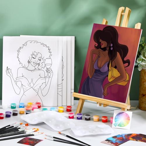 Dinifee 6 Pack Pre Drawn Canvas for Painting Pre Printed Canvas Kit 8 x 10 Inch Stretched Cotton Paint and Sip Set for Adults Couple Party Graduation Summer Date Night(Charming Lady) - style: Charming Lady