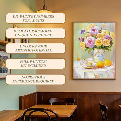 OLDEGG Framed Paint by Numbers Kit for Adults Beginner,2 Pack Rose Floral Themed Adult Paint by Number Kits with Easels Brushes Paints,Paint by Numbers Perfect Crafts Gift Unique Wall Art 12x16 inch - color: Yellow Pink Flower-2pack