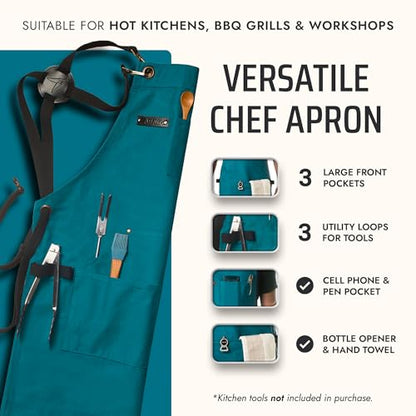 Asaya Chef and BBQ Apron with Bottle Opener and Hand Towel - 10oz Cotton Canvas, Stainless Steel Hardware - Cross Back Straps - color: Blue-green