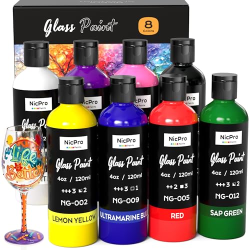 Nicpro 8 Colors Stained Glass Paint Set, 4oz / 120ml Waterproof Acrylic Enamel & Ceramic Glass Painting Kit for Arts on Transparent Wine Glasses Jars Windows with Color Wheel, Opaque Finish - size: 4 Fl Oz (Pack of 8)