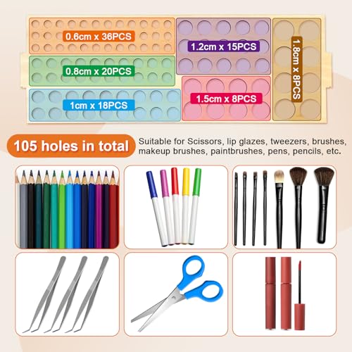 Wooden Paint Brush Holder 105 Holes Paintbrush Holder Organizer Paint Brush Stand Rack with Silicone Rings for Pens Pencils Artist