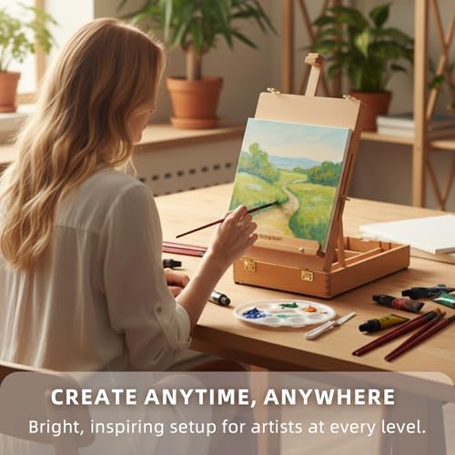 Falling in Art Beechwood Easel Box Set, 27 Pcs Tabletop Acrylic Paint Set, Portable Display Easel Stand with 12 Acrylic Paints, Canvas Panels and Brushes, Suitable for Beginners and Professionals - style: Tabletop Easel Set