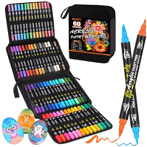 NICETY 60 Colors Acrylic Paint Markers, Dual Tip Acrylic Paint Pens with Fine Tip and Brush Tip Pens for Rock Painting, Canvas, Wood, Ceramic, Glass, Stone, Fabric, DIY Crafts & Art Supplies - color: 60 Colors