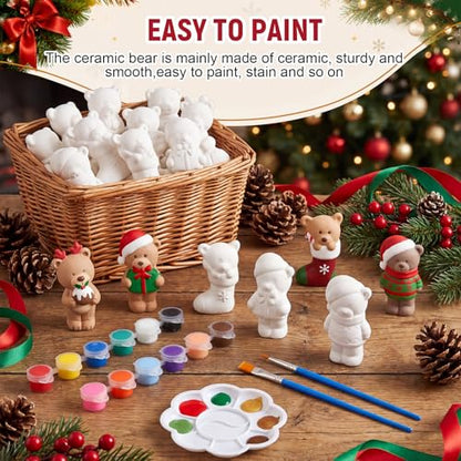Soulchen 17 Pcs Paint Your Own Christmas Bear Ceramic Paint Craft Set Include 12 Unpainted Ceramic Bears 2 Strips of Paints with 2 Brushes 1 Palette Toys Gift for Birthday Christmas - style: Christmas Bear