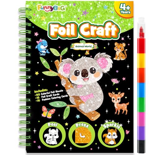 FUNNYB&G Foil Art Craft Kit for Kids 4-10 Years Old: Mess-Free & No-Glue, Create 16 Sparkly Animal World Pictures – Perfect Travel Toy & Birthday Gift for Kids (Animal World) - style: Animal World